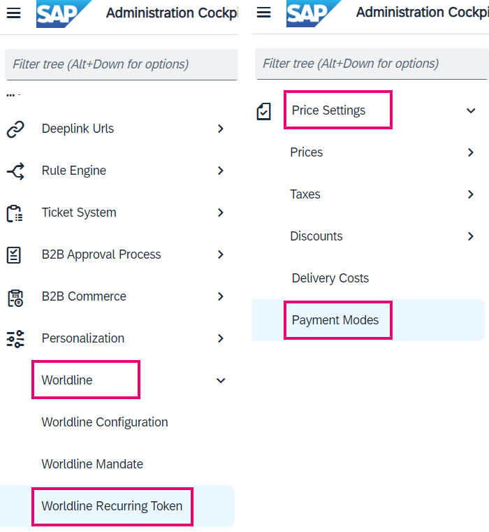 The screenshot shows where to find Payment Modes/Worldline Recurring Token in the SAP back office.